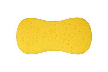 Top view macro photography of yellow washing sponge isolated on total white background