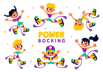 Vector Illustration of Powerbocking Sport featuring Athletes Wearing Jumping Stilts, Running, and Performing Various Acrobatic Stunts in a Background