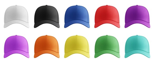 Front view collection of colorful caps in various vibrant shades, displayed on a white background, ideal for product design or branding mockups. Generative AI