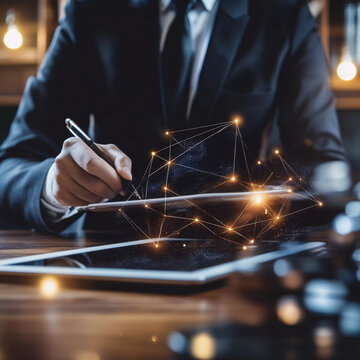 Generative AI A lawyer reviewing a digital smart contract on a tablet in a modern office, symbolizing the transformation of legal processes through blockchain technology, natural light