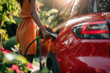 Springtime EV Charging: Person Powering Electric Vehicle on Sunny Day