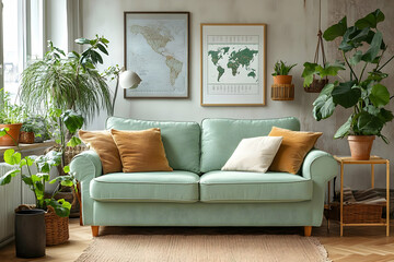Stylish Green Sofa with Throw Pillows in Urban Jungle Interior Photo