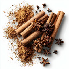 Cinnamon Sticks Star Anise Cloves and Ground Cinnamon Powder