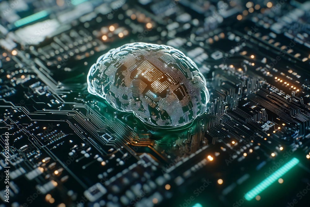 Poster a futuristic digital brain on a circuit board, symbolizing artificial intelligence and technology in