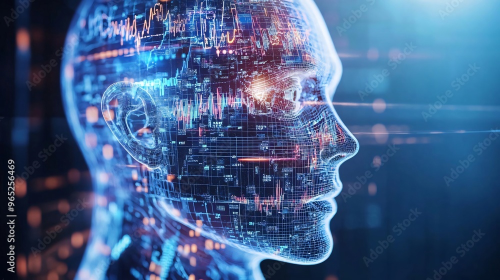 Poster a futuristic digital human head visualization with intricate data patterns representing artificial i