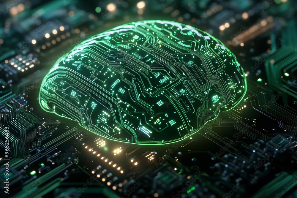 Poster a futuristic representation of a brain made of circuits, symbolizing artificial intelligence and tec