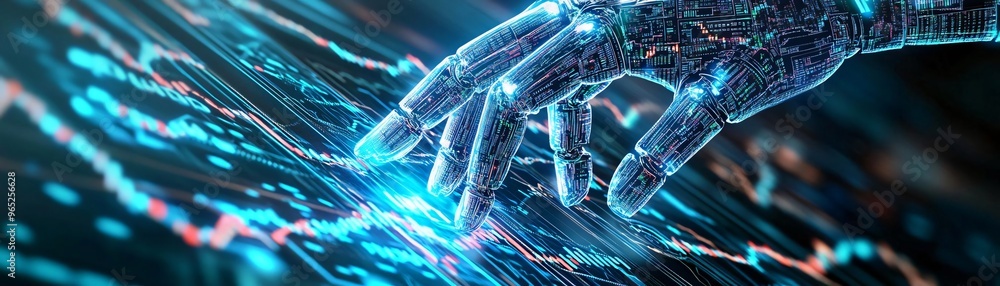 Poster a futuristic robotic hand interacting with vibrant digital data streams symbolizing technology and i