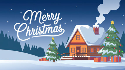 Naklejka premium Merry Christmas cabin with xmas tree and gifts in snow covered landscape