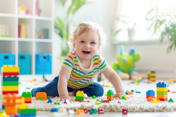 Fototapeta premium The little child plays with colorful blocks in bright kid room