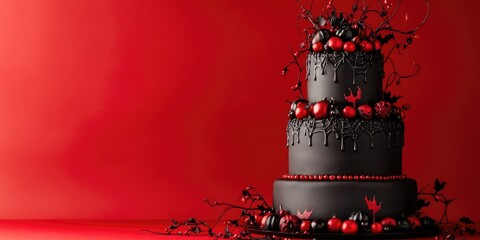 Gothic halloween cake with red and black decorations in dramatic setting