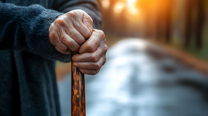 Closeup of Elderly Hands Holding Walking Stick Outdoors