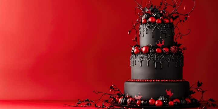 Gothic halloween cake with red and black decorations in dramatic setting