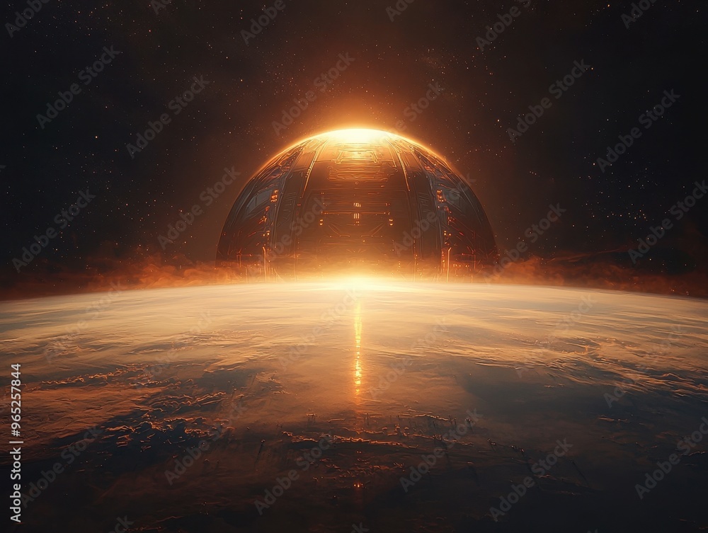 Poster advanced sci-fi dyson sphere, stunning view of a futuristic planet with a glowing sun rising behind 