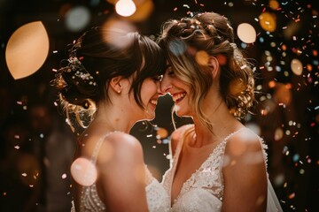 Two brides share a close moment amidst falling confetti at their wedding celebration, with a warm,