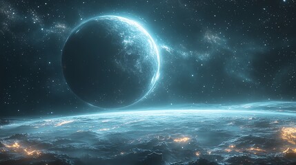 Fototapeta premium Planet with a ring system made of glowing, translucent material, planets, futuristic planetary rings