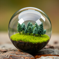 A glass globe filled with miniature trees and a tiny field of meticulously crafted grass