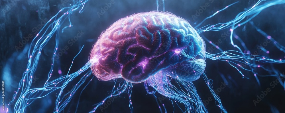 Poster abstract representation of a human brain composed of glowing jellyfish elements with intricate neura