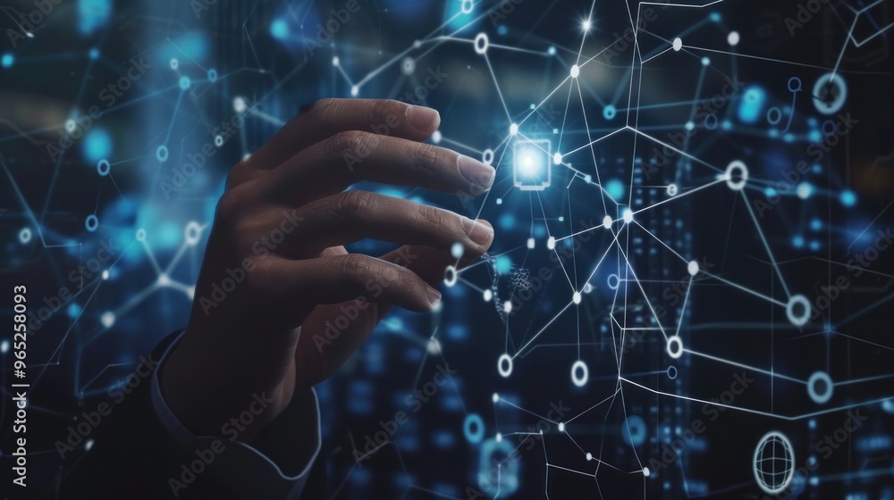Poster connecting the dots: a hand interacting with a digital network