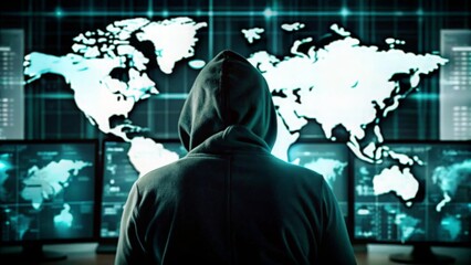 Tech Hacker in Hoodie Monitoring Data – Person in a hoodie analyzing computer screens with a world map overlay.
