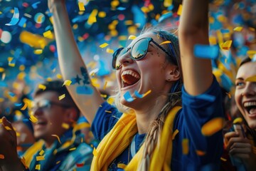 Fototapeta premium football supporter fans cheering with confetti watching soccer match event at stadium