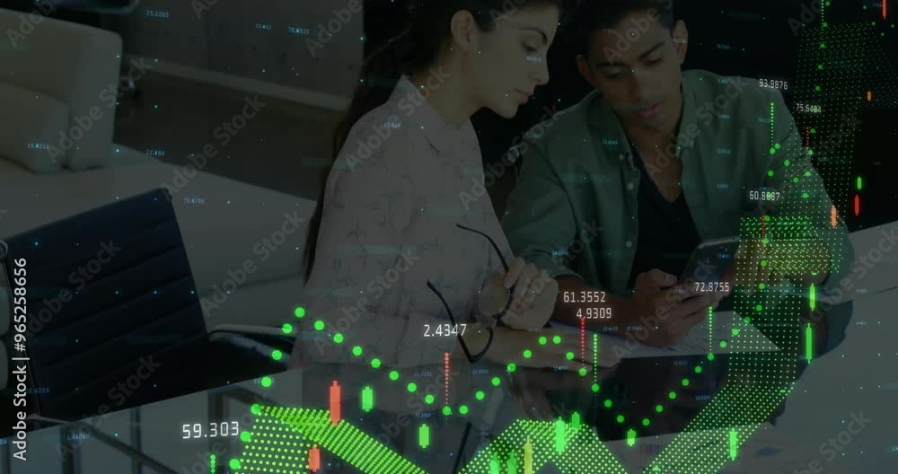 Aufkleber animation of data processing over diverse colleagues talking in office