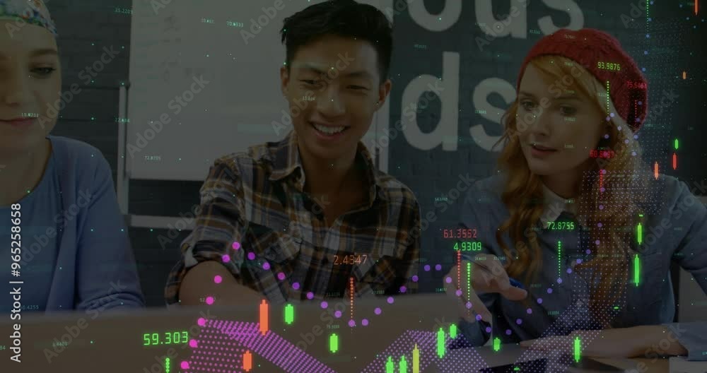 Poster animation of data processing over diverse colleagues talking in office