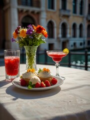 Slice of Vanilla Cake with Red Flowers and a Cocktail
