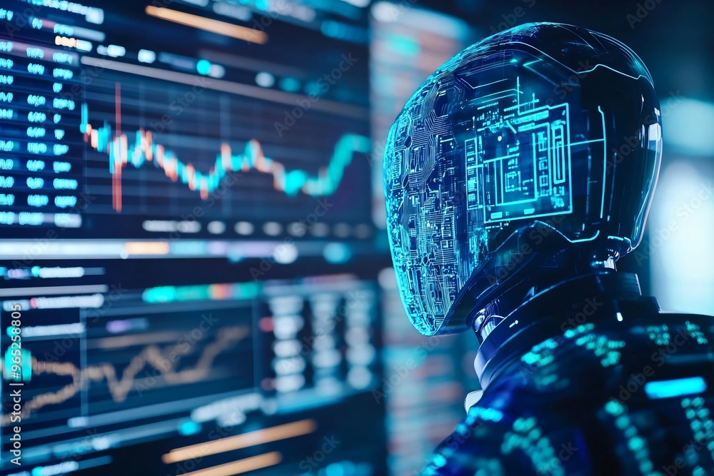 Poster futuristic robot analyzes data on a digital screen, showcasing advanced technology and artificial in