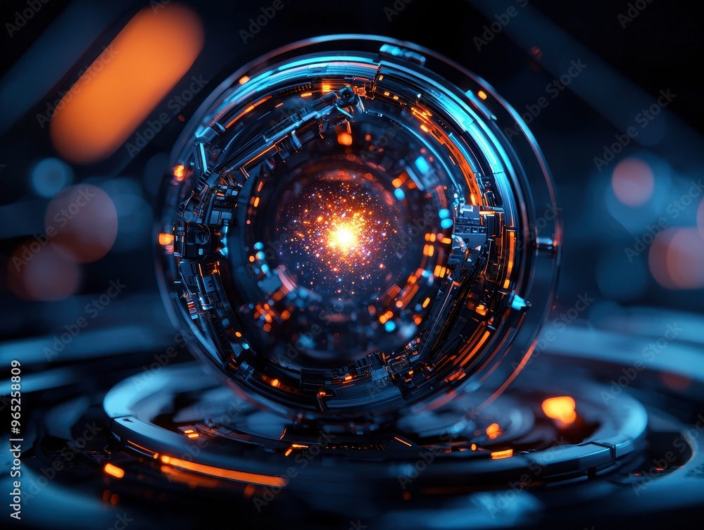 Poster sci-fi dyson sphere encasing a star, an intricate futuristic sphere with glowing patterns and energy