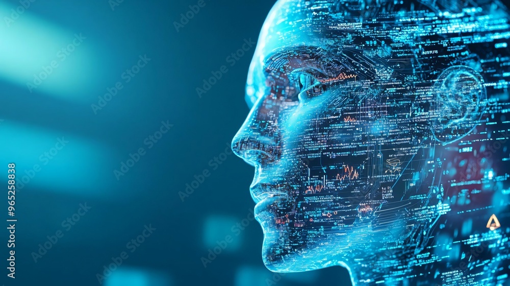 Poster futuristic portrait of a digital human with data patterns, representing artificial intelligence and 