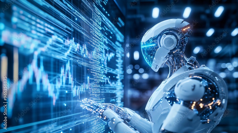Poster futuristic robot analyzing digital data trends in a high-tech environment, showcasing advanced techn