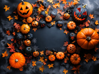 The pumpkins are orange and black, and some have scary faces with copy space. Halloween banner concept
