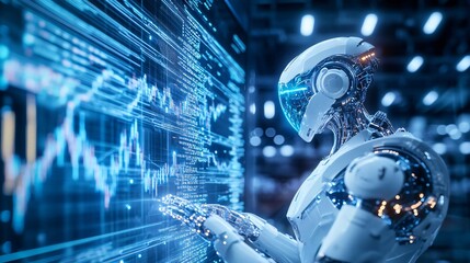 Fototapeta premium Futuristic robot analyzing digital data trends in a high-tech environment, showcasing advanced technology and innovation.