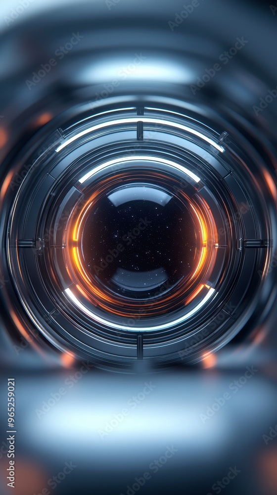 Poster advanced technology dyson sphere, futuristic abstract design featuring a glowing circular portal wit