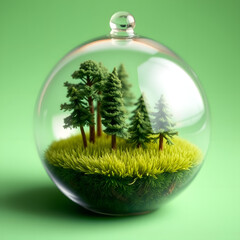 A glass globe filled with miniature trees and a tiny field of meticulously crafted grass