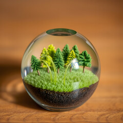 A glass globe filled with miniature trees and a tiny field of meticulously crafted grass