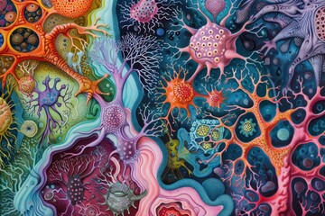 Vivid illustration of colorful human cells and neurons with intricate details