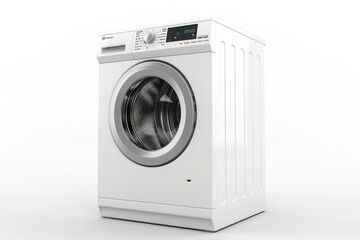 White Front Load Washing Machine Isolated on White Background. Modern Washer with Electronic Control