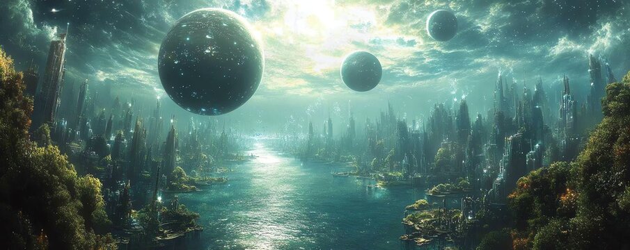 Water planet with floating cities and deepsea alien lifeforms, planets, aquatic extraterrestrial civilization