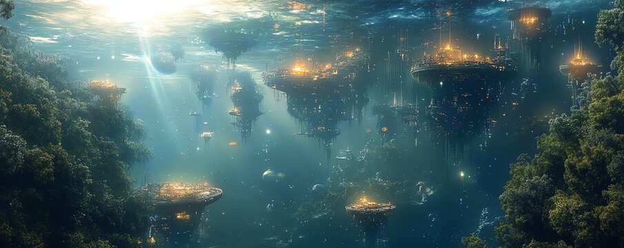 Water planet with floating cities and deepsea alien lifeforms, planets, aquatic extraterrestrial civilization