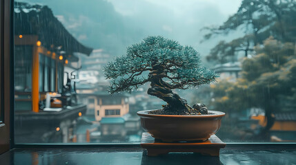 Bonsai Tree on Windowsill in Rain