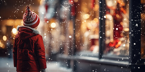 Little boy wearing a santa hat is gazing upat a storefront decorated for christmas as snow falls on...