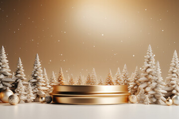 Golden empty podium on christmas background. Ready for product montage.Mockup.Elegant christmas and happy new year mock up scene. Stage pedestal or platform. Space for your luxury product.
