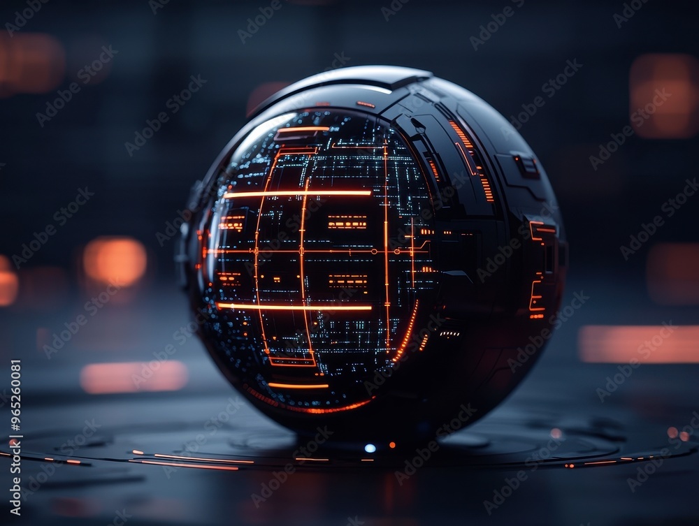 Poster dyson sphere utilizing advanced technology, futuristic orb with glowing circuits, showcasing advance