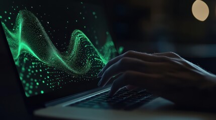 Close-up of a hand typing on a laptop with a green digital wave on the screen.