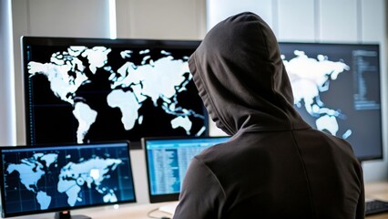 Hooded Hacker at Work with Digital Overlay – Person in a hoodie operating multiple screens with world map and data.

