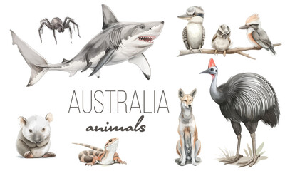 Australia animal and bird watercolor set. Hand drawn kangaroo, koala, kookaburra, echidna, kingfisher, cassowary, eucalyptus branch realistic collection. Astralia wildlife flora and fauna set