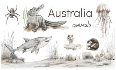 Australia animal and bird watercolor set. Hand drawn kangaroo, koala, kookaburra, echidna, kingfisher, cassowary, eucalyptus branch realistic collection. Astralia wildlife flora and fauna set