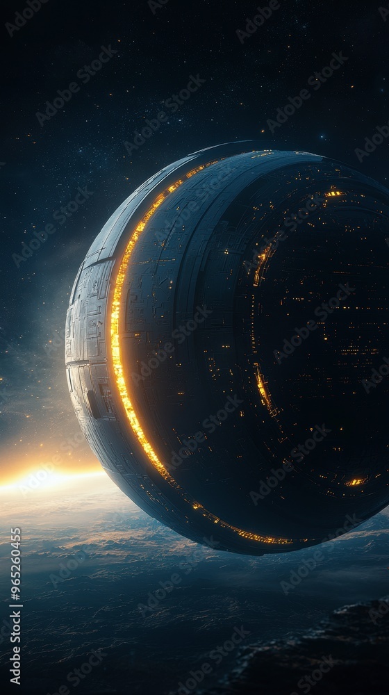 Poster sci-fi dyson sphere with advanced technology, futuristic spacecraft orbiting a distant planet, featu