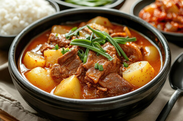 Korean gamjatang, spicy pork bone stew with tender meat and rich broth
